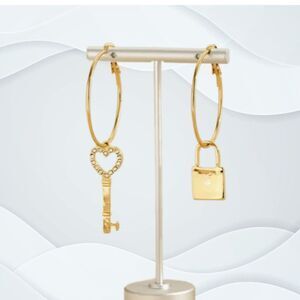 Crystal Gold Key & Gold Lock on Gold Hoops Earrings